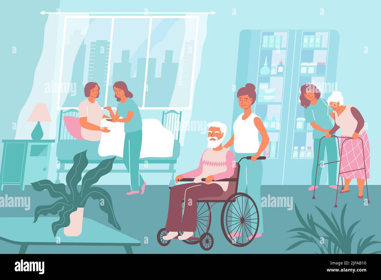 Zusammensetzung der Krankenschwester mehrere Krankenschwestern arbeiten in einem Pflegeheim und helfen den älteren Menschen bei der Vektordarstellung Stock Vektor