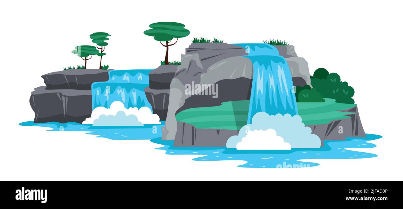 Natur Landschaft horizontale Illustration mit Kaskaden von Wasserfall und Felsen Cartoon-Vektor-Illustration Stock Vektor