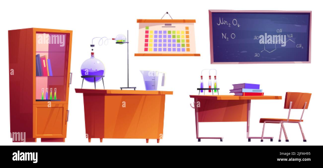 Klassenzimmer-Möbel-Set für den Chemieunterricht in der Schule oder Hochschule. Vektor-Cartoon isolierte Illustration der Klasse Interieur mit Kolben auf dem Schreibtisch, formu Stock Vektor