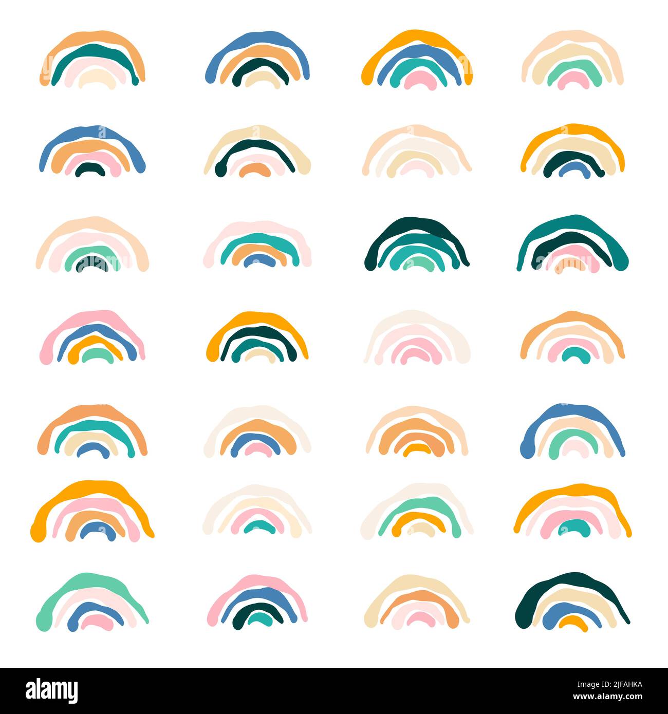 Abstraktes, einfaches Boho-Regenbogen-Set. Tremulous handgezeichnete Linie Bogen Kollektion. Skandinavische Kinderstilelemente für die Kinderkrippe, Baby-Accessoires Stock Vektor