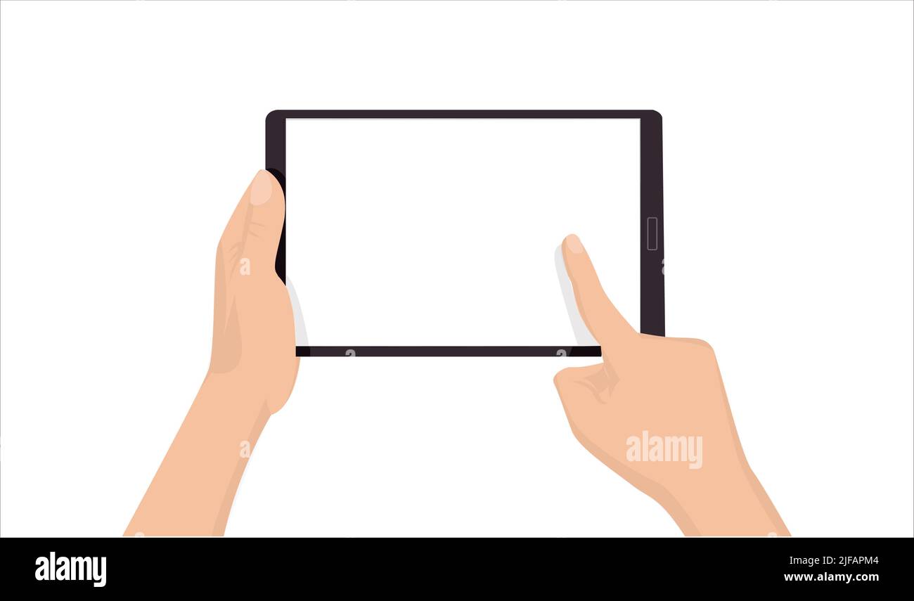 Tablett mit Händen Vektorgrafik Skizze Zeichnung. Hand hält eine Lasche mobil in der Abbildung. Handberühre auf dem Registerkartenbildschirm in Vektorgrafik. Stock Vektor