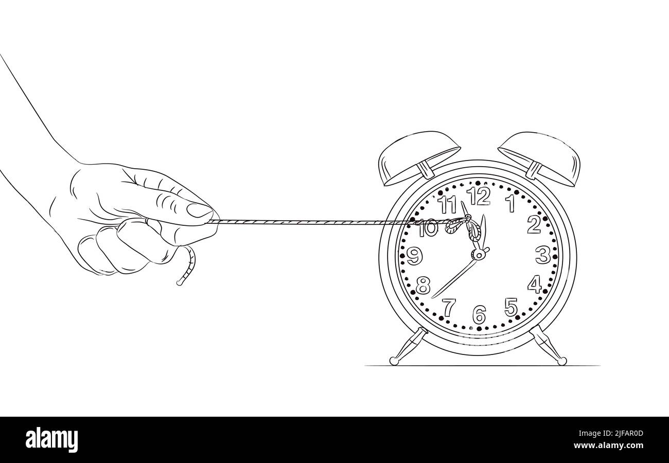 Stoppzeitkonzept. Stoppen der Zeit in der Vektorgrafik. Es wird versucht, eine Zeit zu stoppen. Uhr Stop durch Schnecke. Schnecke ziehen Seil für Stoppuhr. Arbeit Deadli Stock Vektor