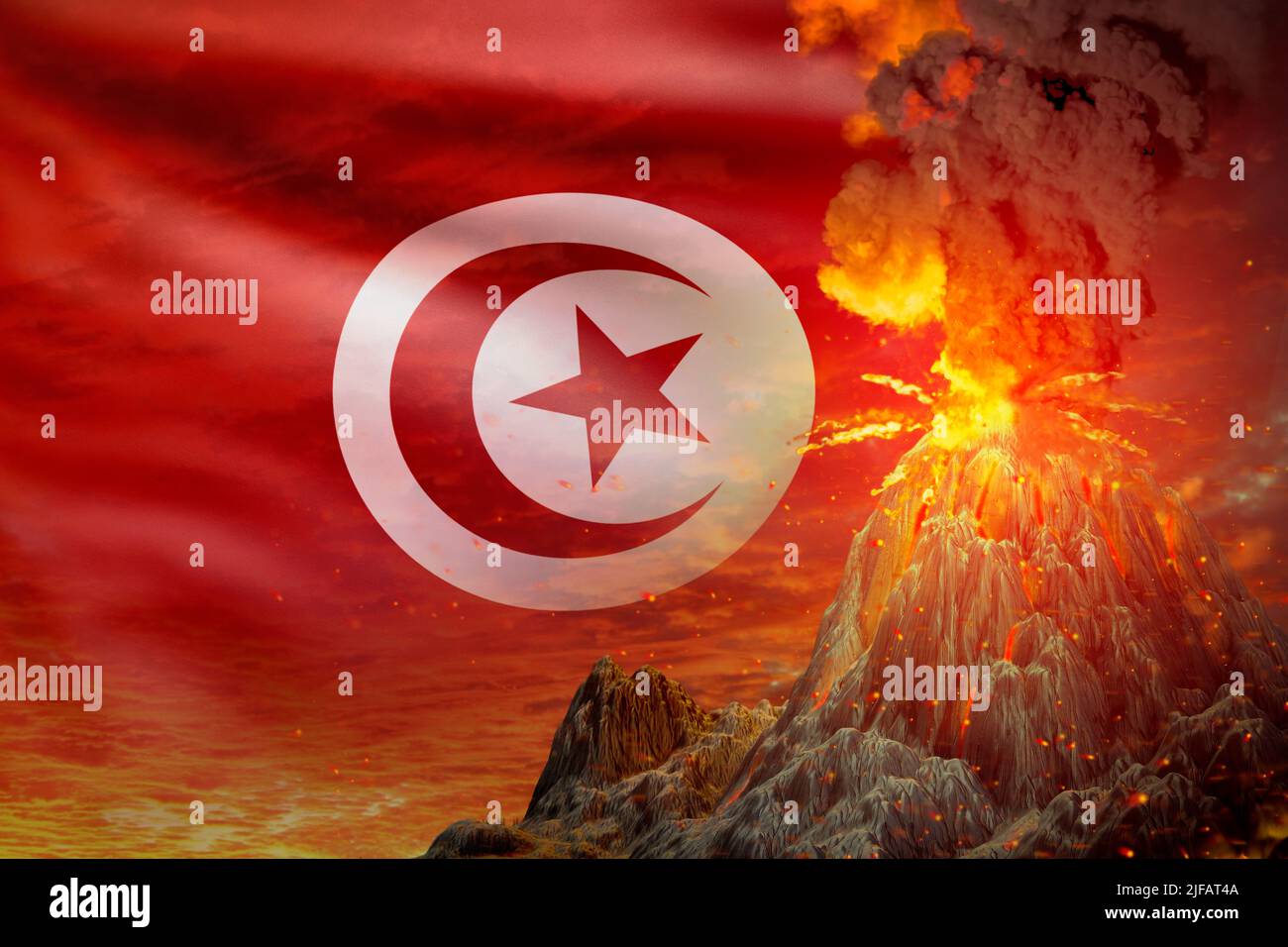 Großer Vulkanausbruch in der Nacht mit Explosion auf tunesischer Flagge Hintergrund, leiden unter Katastrophe und Vulkanasche Konzept - 3D Illustration der Natur Stockfoto