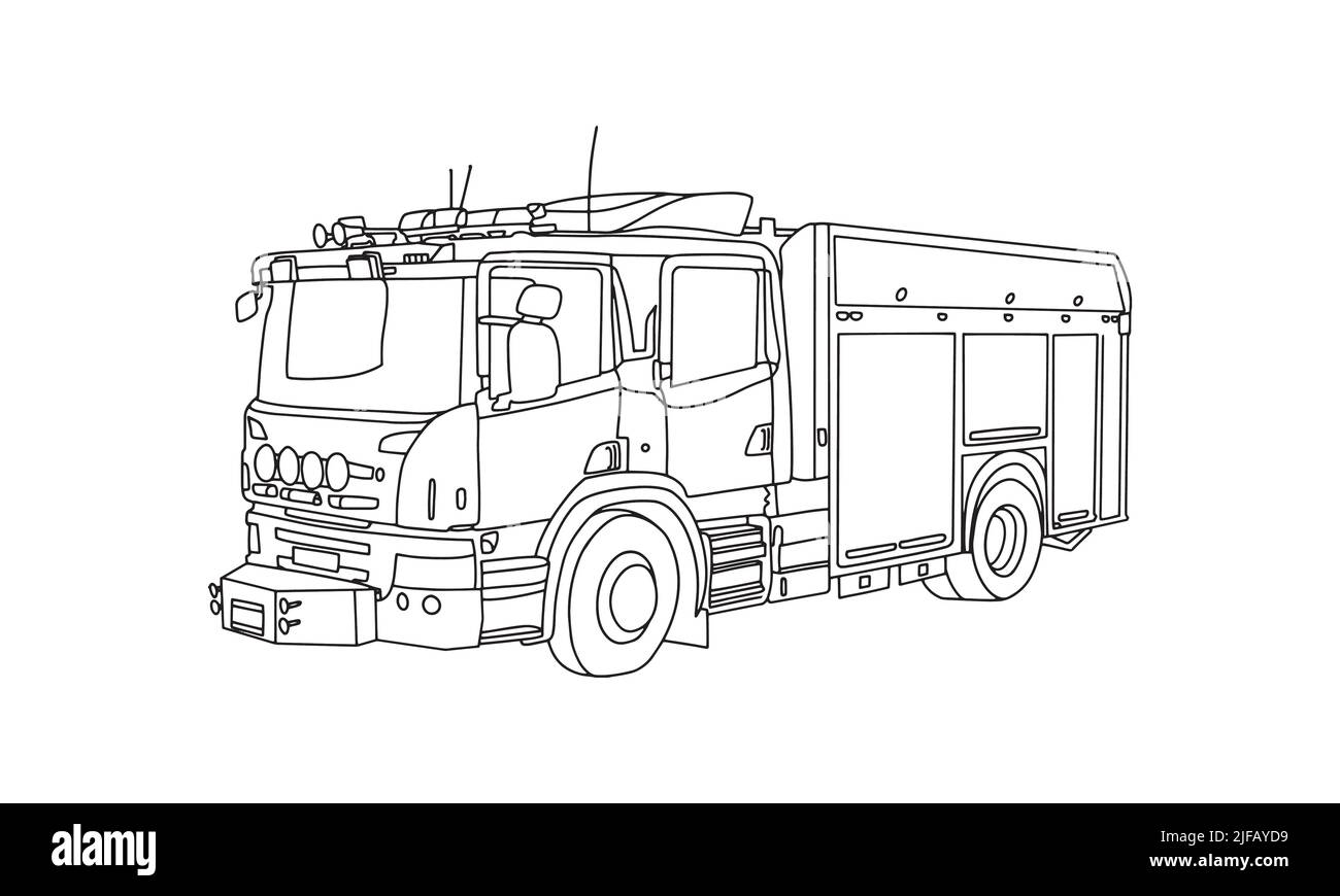 Ein Feuerwehrauto Linie Kunst schön Skizze Zeichnung für jede Art von T-Shirt verwenden oder Malbuch. Dies ist ein neuer Stil der Feuerwehrfahrzeuge Illustration. A b e Stock Vektor