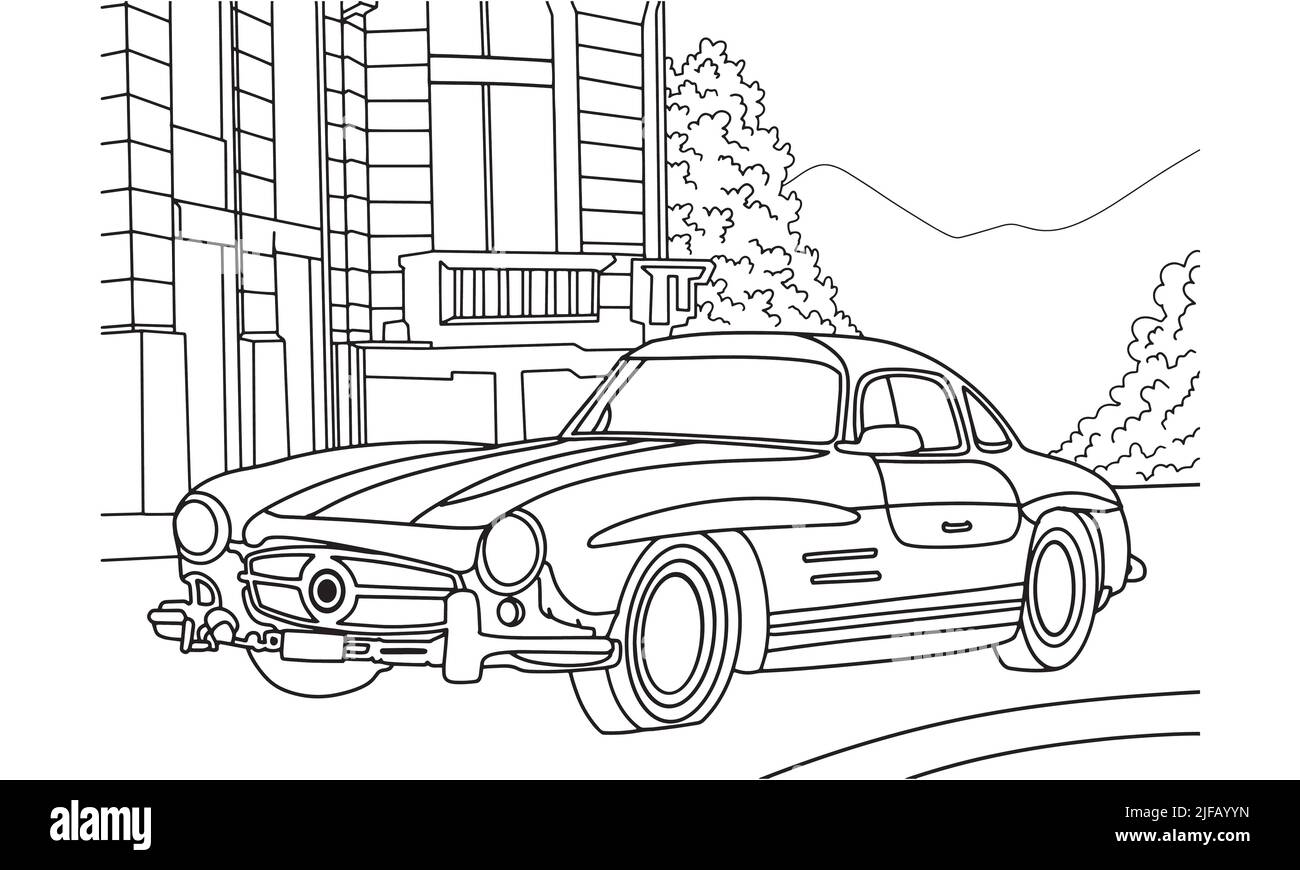 Auto-Illustration in einer Linie Handzeichnung. Classic Vintage Sportwagen. Handgezeichnete gravierte Stil Vektor-Linie Kunst Illustration für Kinder Malbuch o Stock Vektor