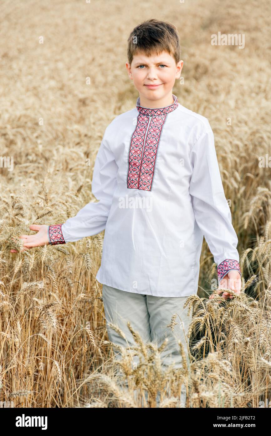 Weiche selektive Fokus des Jungen in traditionellen weißen und roten bestickten ukrainischen Hemd auf dem Hintergrund des Weizenfeldes an sonnigen Tag. Kind lächelt. Unabhängigkeitstag, Verfassung der Ukraine. Vertikal Stockfoto