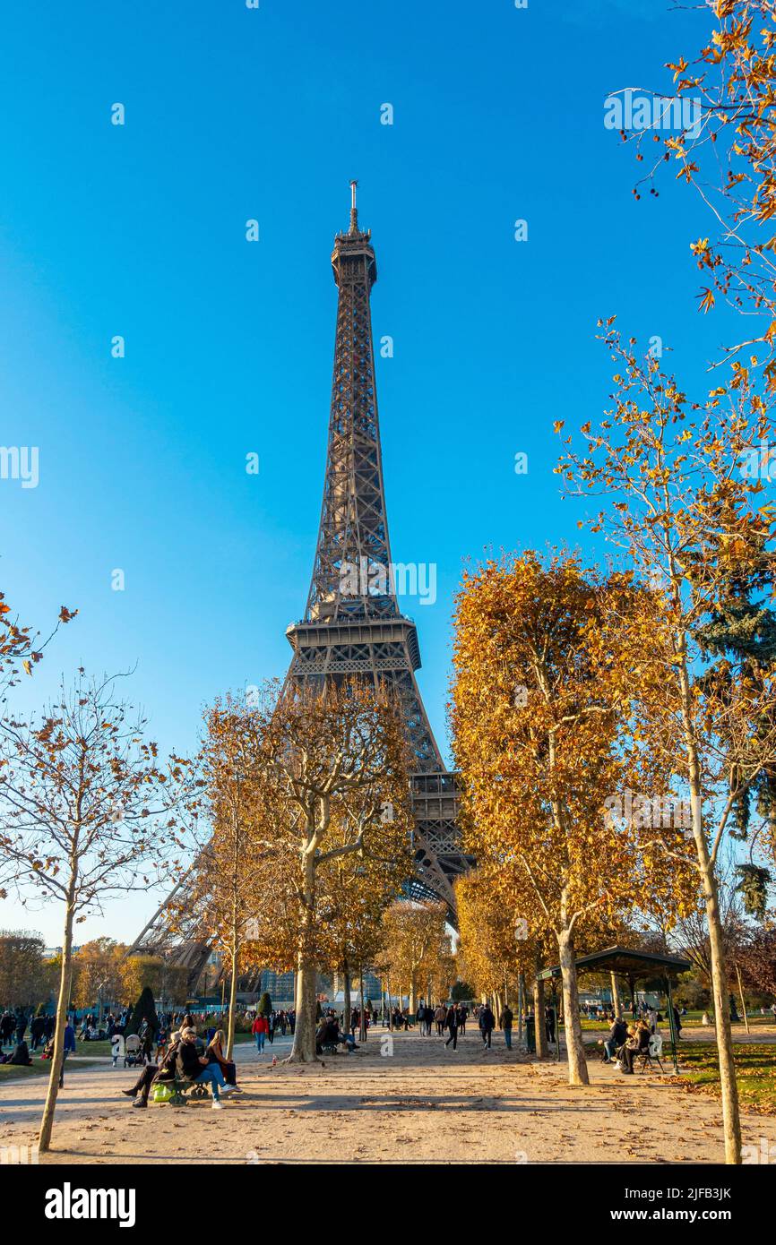 Frankreich, Paris, die Champs de Mars, der Eiffelturm im Herbst. Stockfoto