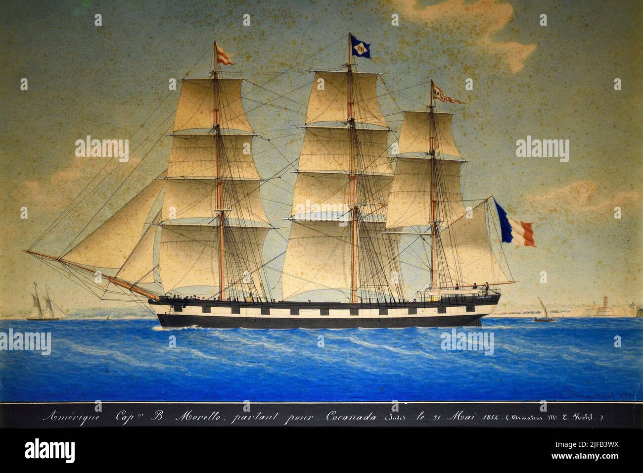 Frankreich, Var, Saint-Tropez, Zitadelle aus dem 16.. Jahrhundert, Museum der Seefahrtsgeschichte von St. Tropez, Gemälde des dreimastigen Amerika, das im Auftrag von Kapitän Morello im 19.. Jahrhundert entstand Stockfoto