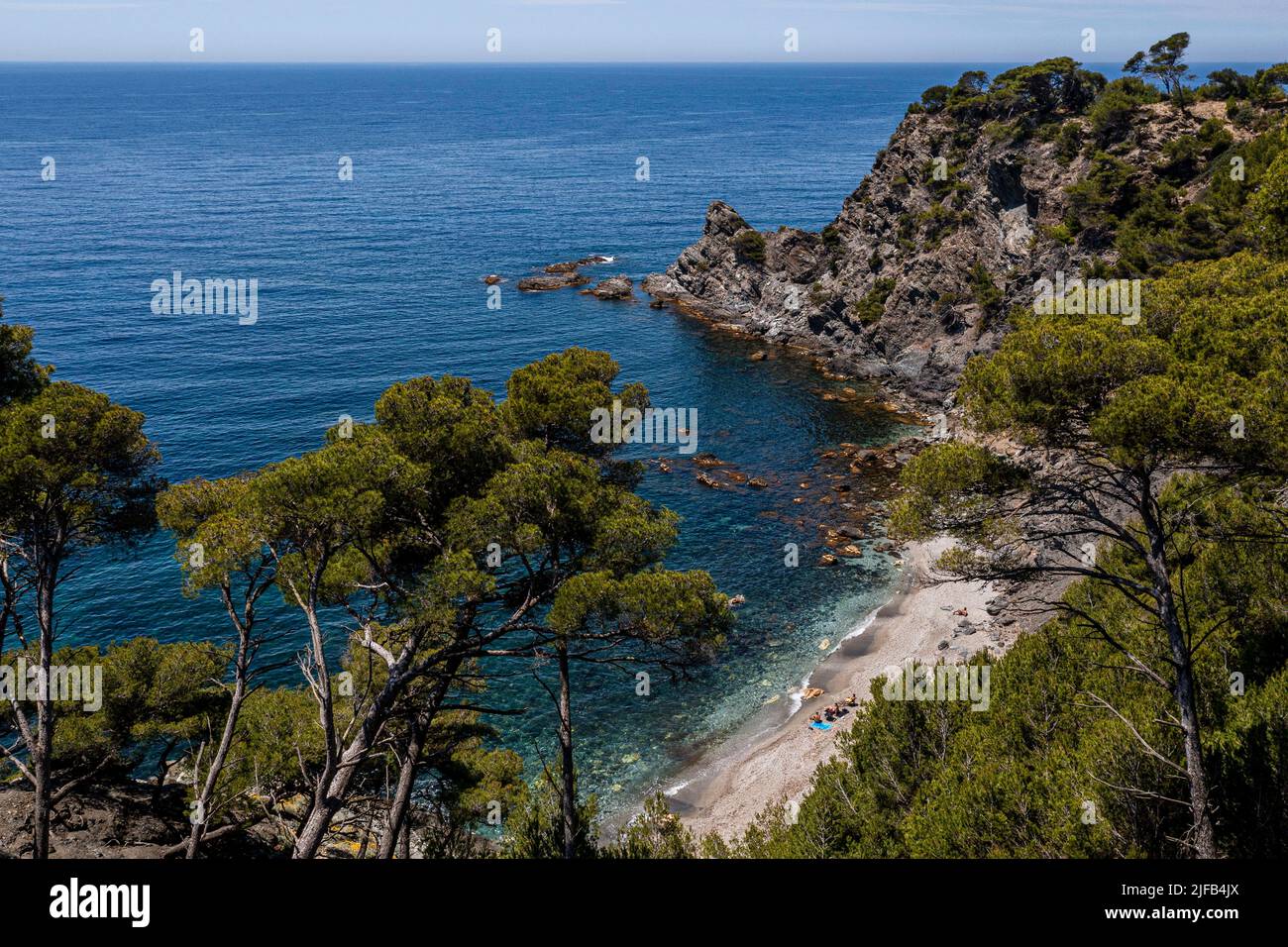 Frankreich, Var, Six Fours les Plages, Wanderung im Cap-Sizie-Massiv, Mont Salva-Strand in Richtung Le Brusc (Luftaufnahme) Stockfoto