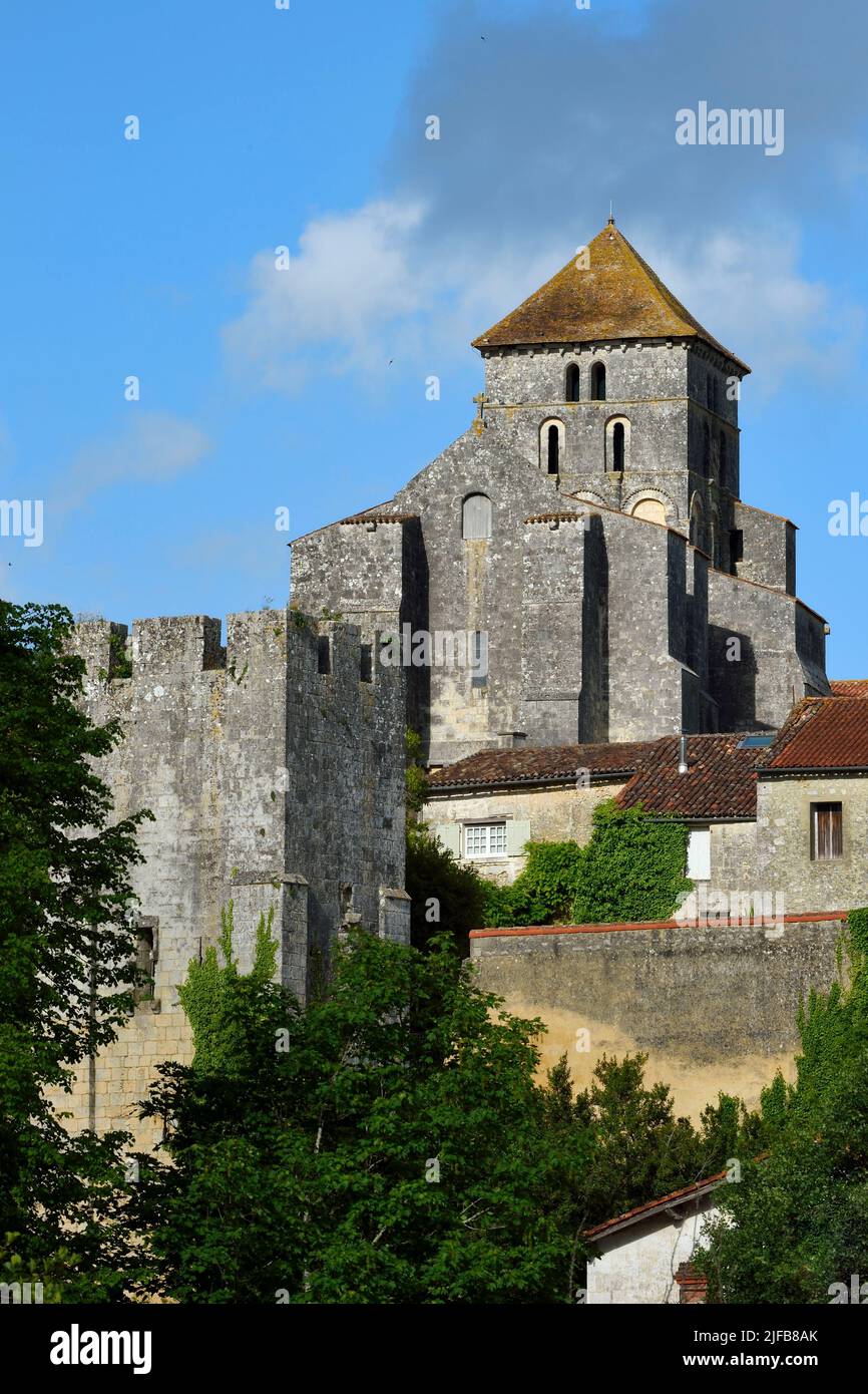 Frankreich, Charente-Maritime, Saint-Sauvant, der mittelalterliche Turm und die Kirche Saint Sylvain überblicken das Coran-Tal Stockfoto