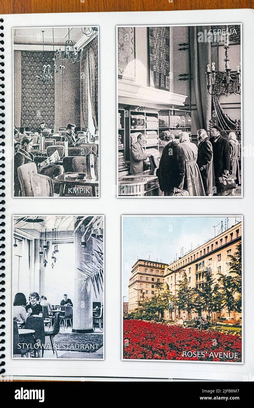 Polen, Kleinpolen, Krakau, Nowa Huta, Bezirk, der in der kommunistischen Ära nach dem sowjetischen Modell gebaut wurde, Propagandaposter und altes Foto Stockfoto