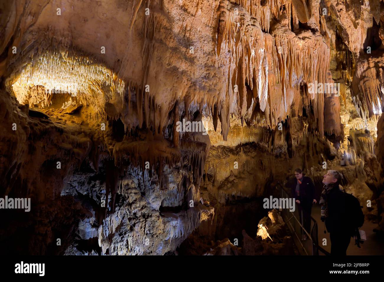 Frankreich, Dordogne, Perigord Vert, Villars, Villars Cave, Concrétions dans les Grotten und Touristen Stockfoto