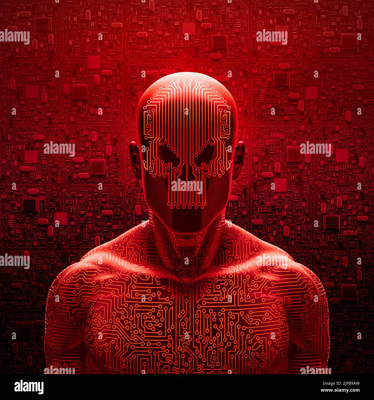 Böse künstliche Intelligenz - 3D Illustration von roten Schädel konfrontiert männlichen Roboter Figur mit abstrakten Computer-Platine Hintergrund Stockfoto