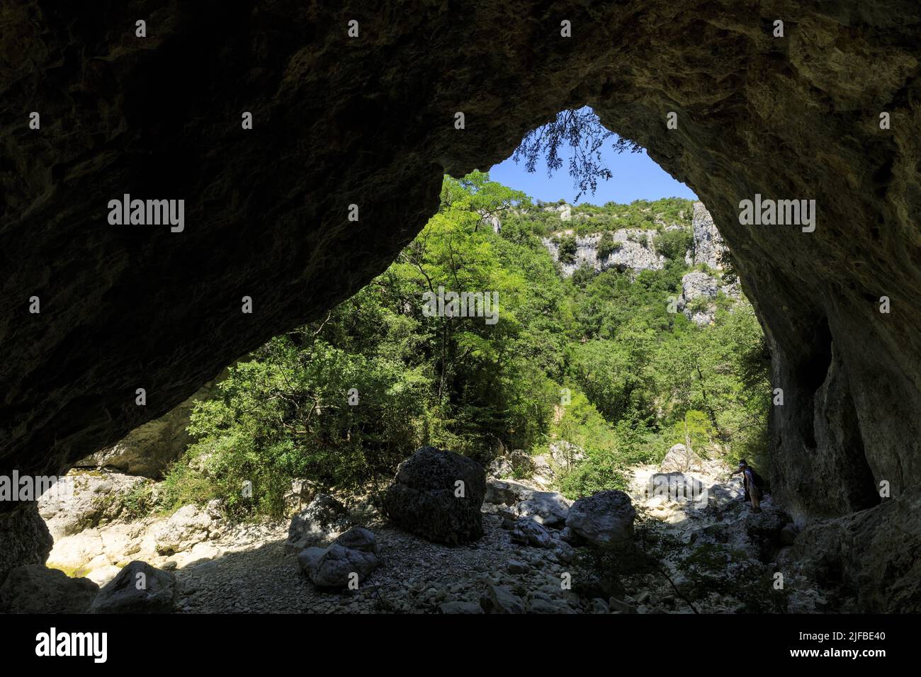 Frankreich, Alpes de Haute Provence, regionaler Naturpark von Luberon, Oppedette, die Schluchten von Oppedette, 2,5 Kilometer lang, 140 Meter breit, Höhle, trockener Fluss Calavon Stockfoto