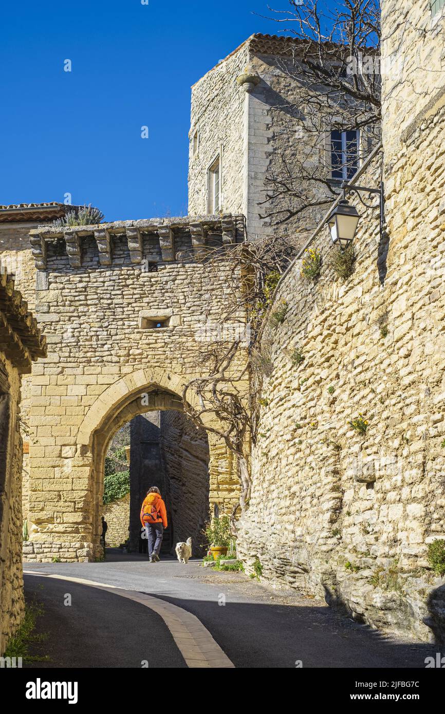 Frankreich, Vaucluse, regionaler Naturpark Luberon, Wanderung ausgehend von dem kleinen mittelalterlichen Dorf Goult, Ourme Tor Stockfoto