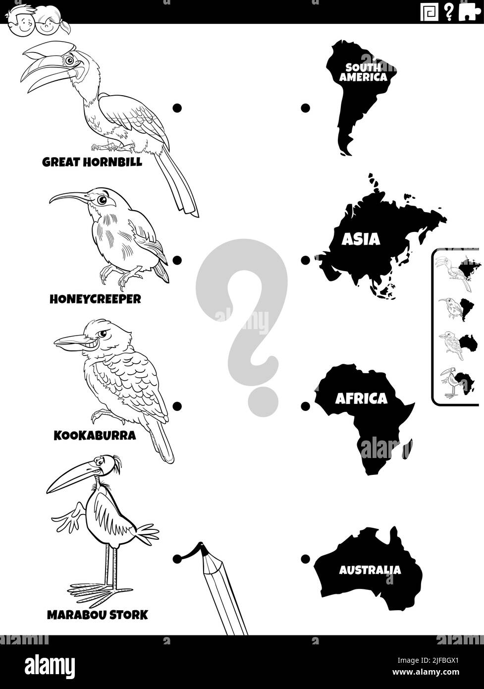 Schwarz-Weiß-Cartoon-Illustration der pädagogischen Matching-Aufgabe mit Vögeln Tierarten Zeichen und Kontinente Färbung Seite Stock Vektor