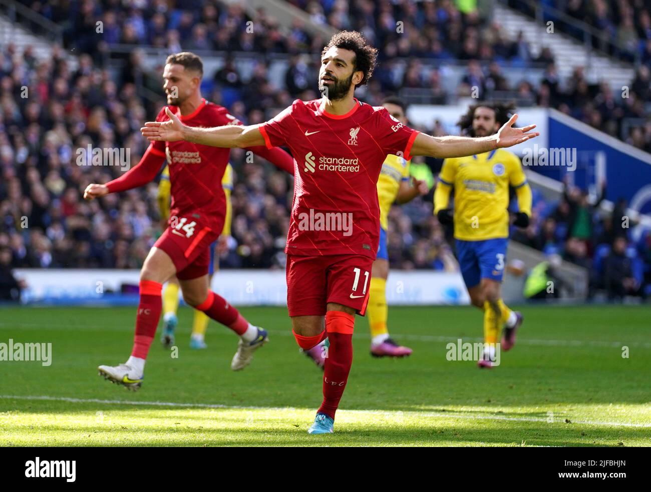 Datei-Foto vom 12-03-2022 von Liverpools Mohamed Salah, das im Mai 2022 gegen Brighton feierte. Mohamed Salah, der Stürmer von Liverpool, hat einen neuen langfristigen Vertrag unterzeichnet, teilte der Club mit. Ausgabedatum: Freitag, 1. Juli 2022. Stockfoto