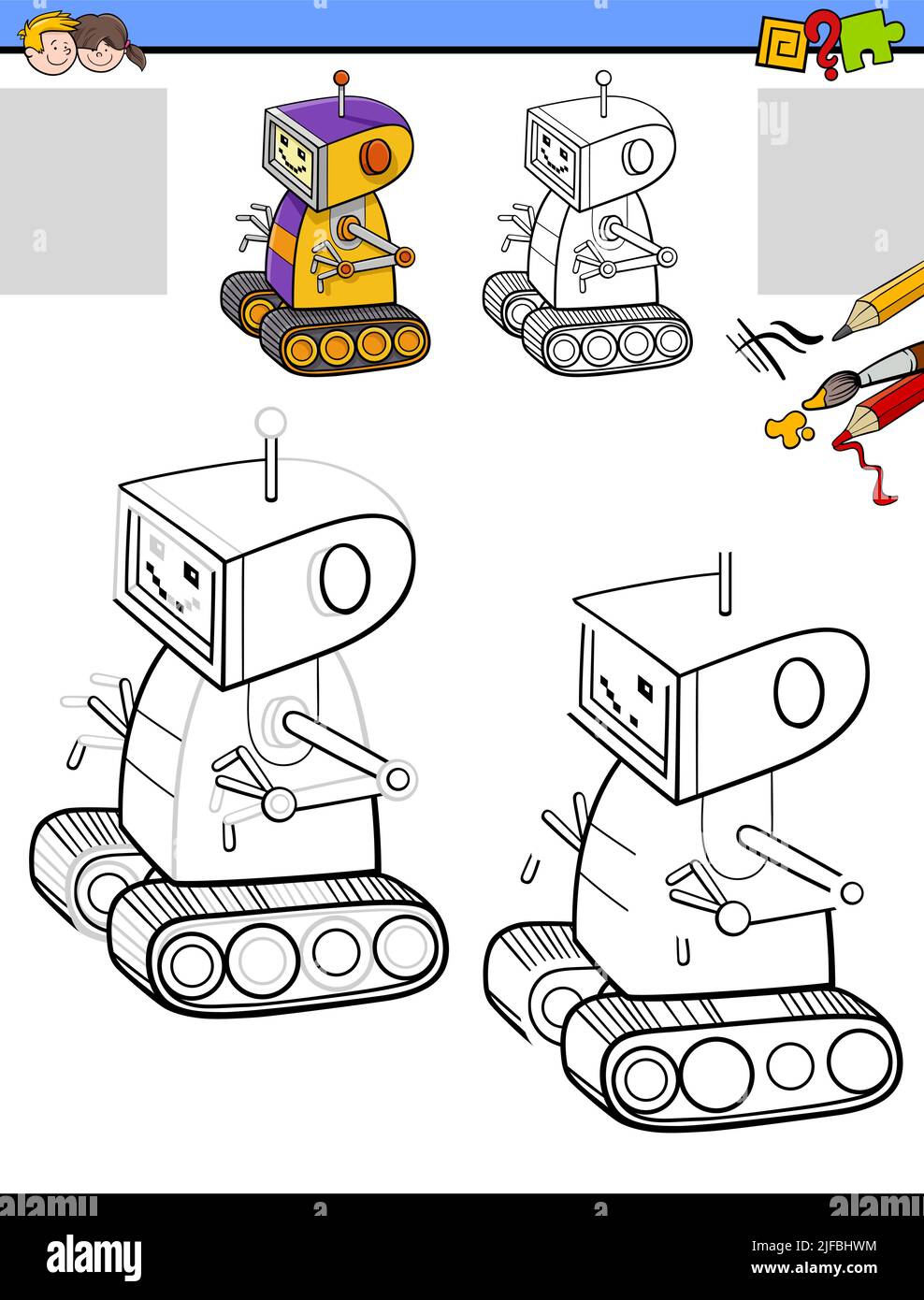 Cartoon Illustration der Zeichnung und Färbung pädagogische Aktivität für Kinder mit Comic-Roboter-Charakter Stock Vektor