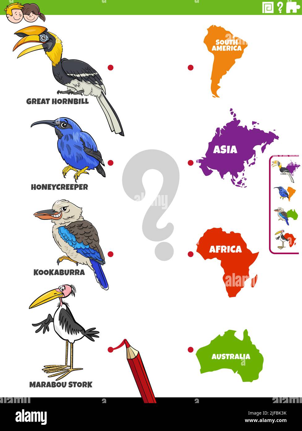 Cartoon Illustration der pädagogischen Matching-Aufgabe mit Vögeln Tierarten Charaktere und Kontinent Formen Stock Vektor