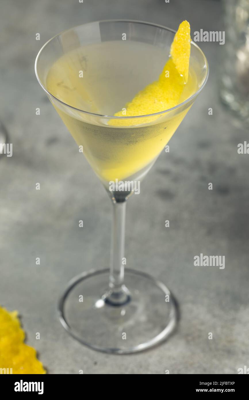 Boozy Cold Lemon Gin Martini mit Wermut und Bittern Stockfoto