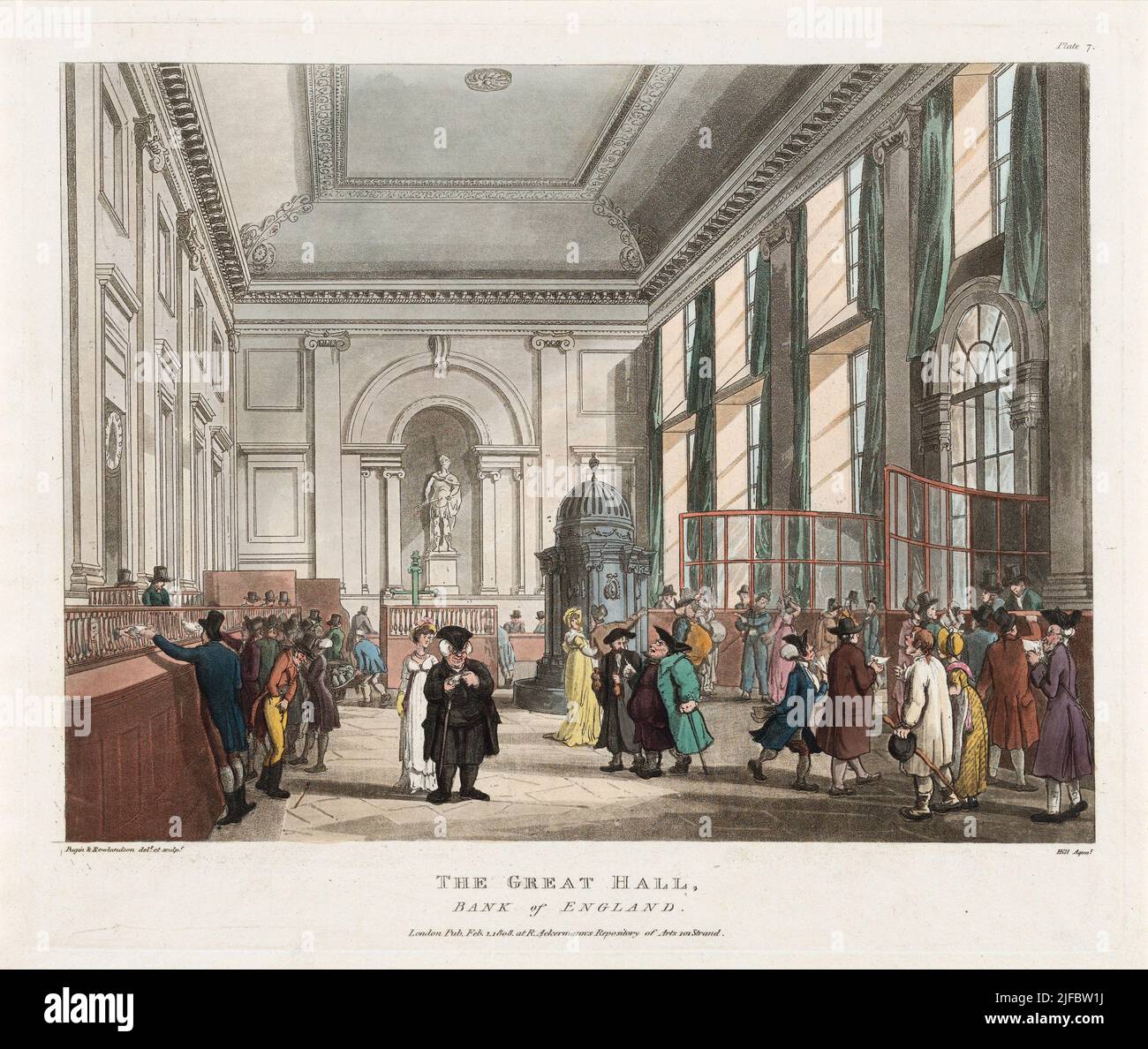 The Great Hall, Bank of England, London, 1. Februar 1808 Künstler: Thomas Rowlandson (1756-1827) ein englischer Künstler und Karikaturist der georgischen Ära. Als sozialer Beobachter war er ein produktiver Künstler und Druckerei. Quelle: Thomas Rowlandson/Alamy Stockfoto