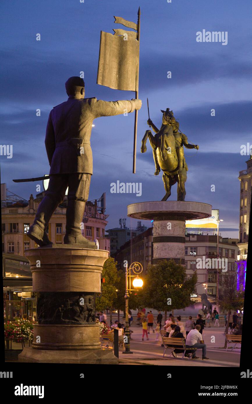 Nordmakedonien, Skopje, Makedonien-Platz, Krieger auf einem Pferd, Dimitar Pop-Georgiev Berovski, Statuen, Stockfoto