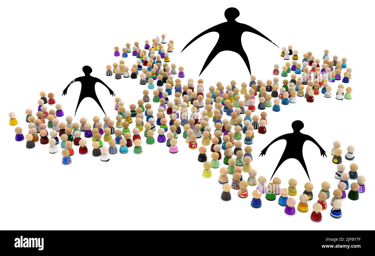 Menge von kleinen symbolischen Figuren, große Schatten stehen oben, 3D Abbildung, horizontaler Hintergrund, über weiß, isoliert Stockfoto