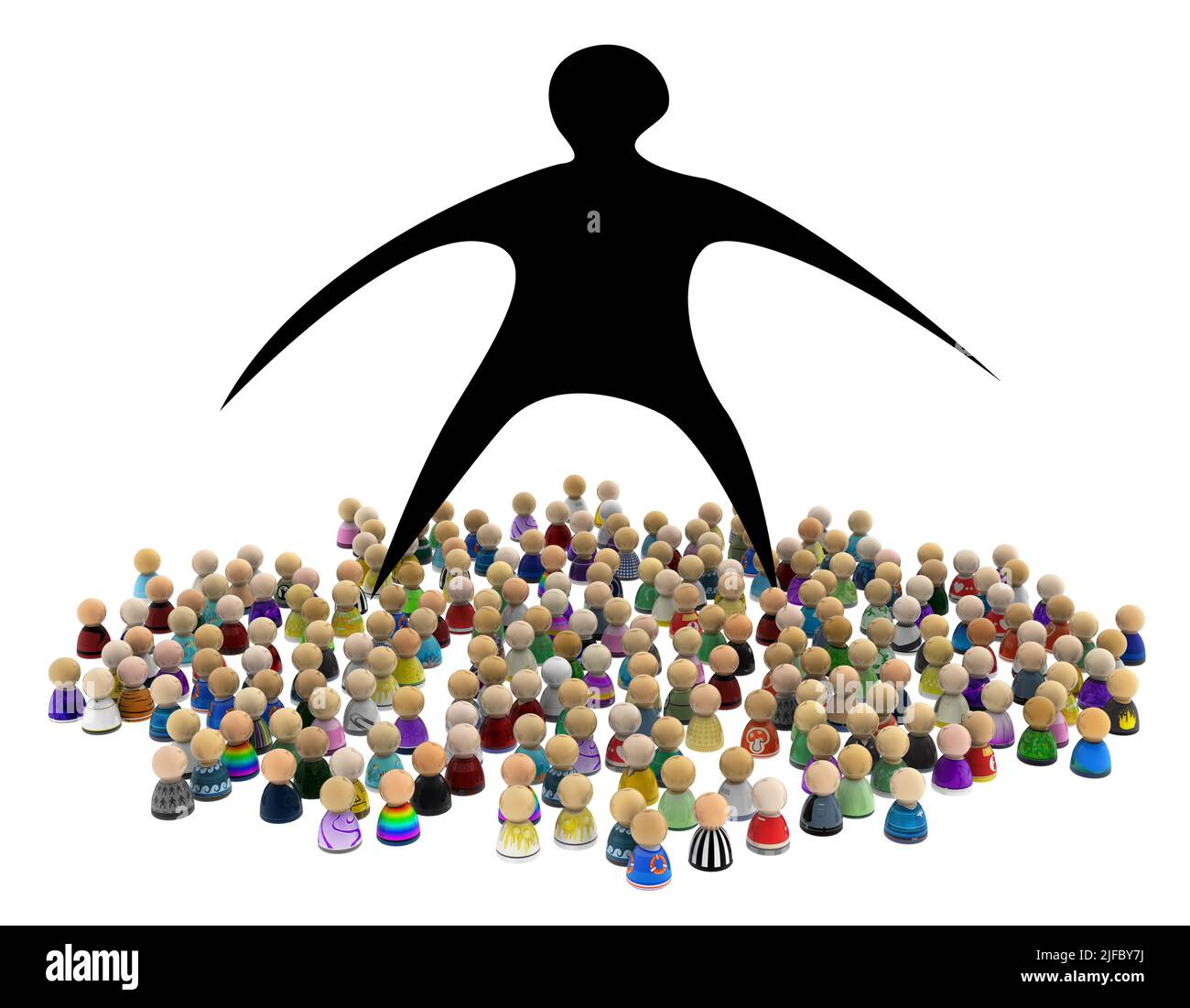 Menge kleiner symbolischer Figuren, riesiger Schatten steht darüber, 3D Abbildung, horizontaler Hintergrund, über weiß, isoliert Stockfoto