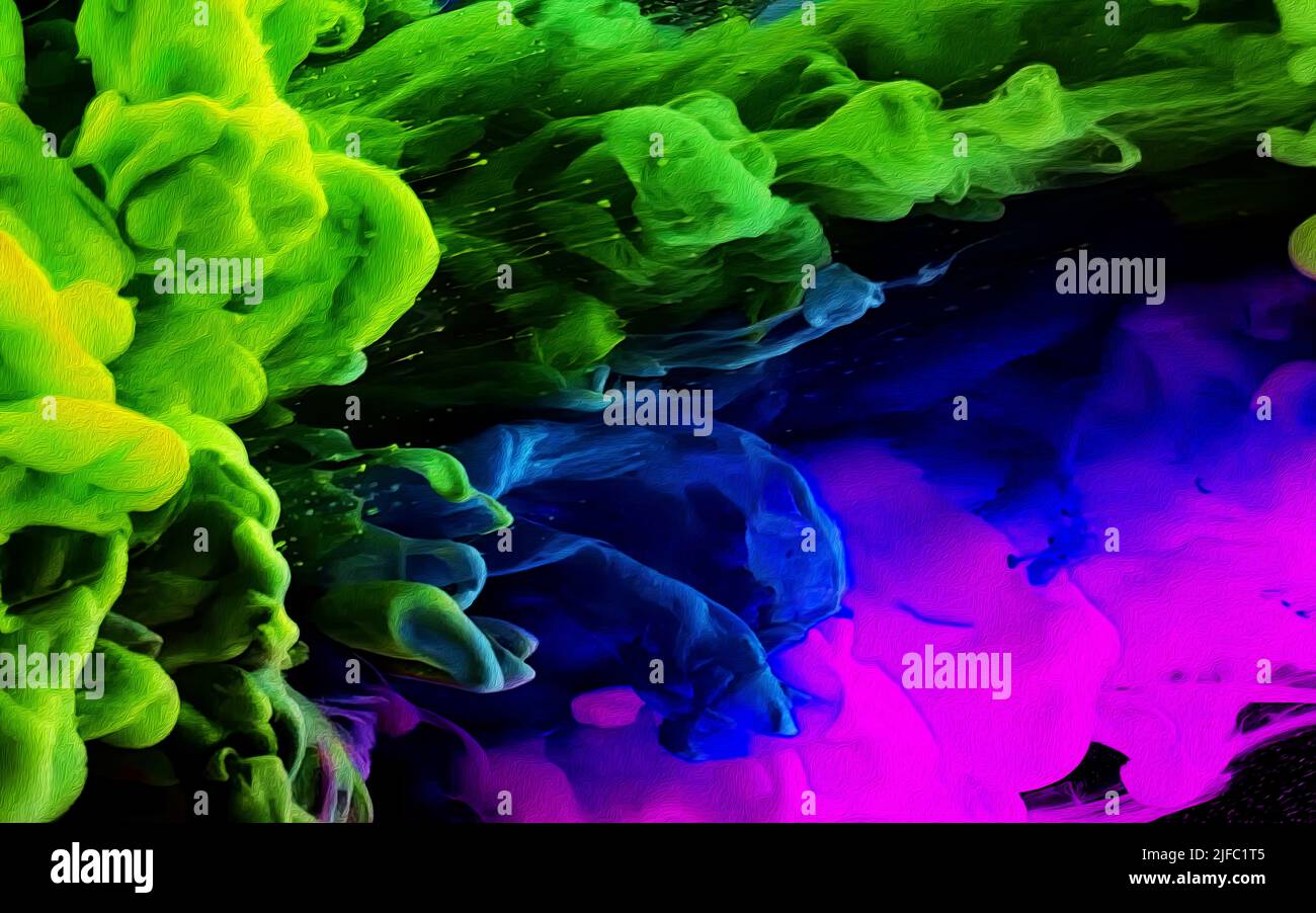 3D Illustration abstrakte Bewegung Farbe Tropfen im Wasser, Tinte wirbeln in, bunte Tinte Abstraktion.Phantasie Traum Wolke von Tinte unter Wasser. Stockfoto