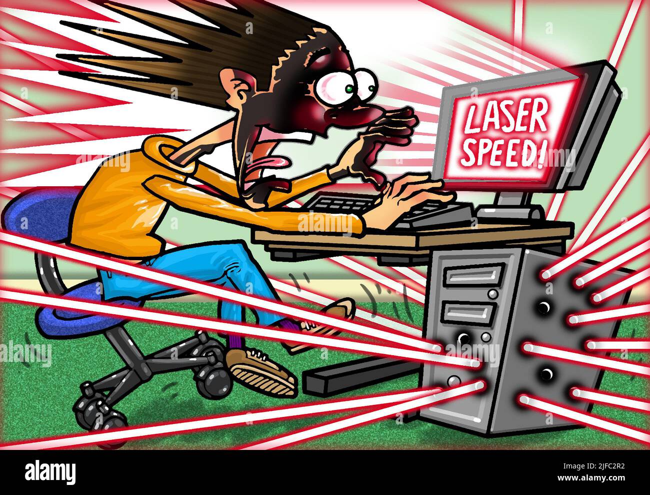 Lustige Karikatur zur Darstellung ultraschneller Rechengeschwindigkeiten Konzept: Laserpulse könnten einen Durchbruch in der Quantencomputing Speed of Light Computing produzieren Stockfoto