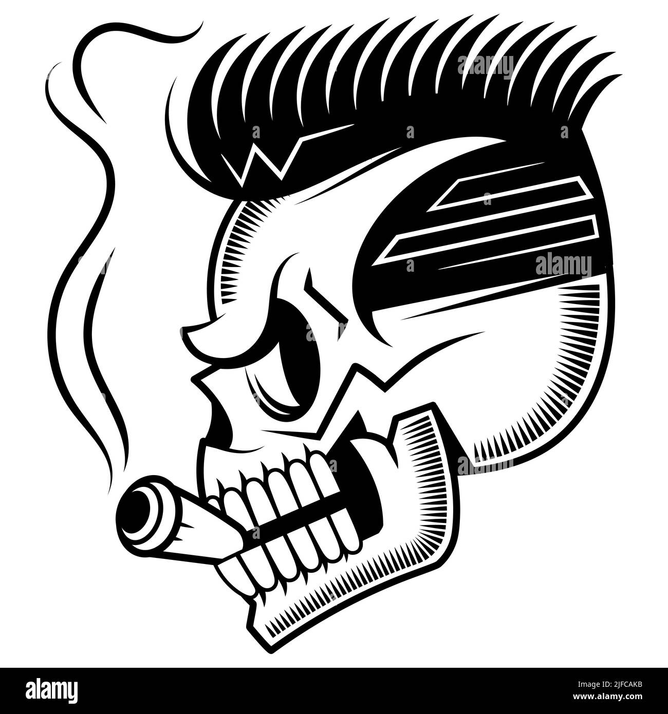 Totenkopf mit Zigarre raucht. Skelettkopf. Skizze Tinte handgezeichnete Stock Vektor Illustration Aufkleber Set Design. Stock Vektor