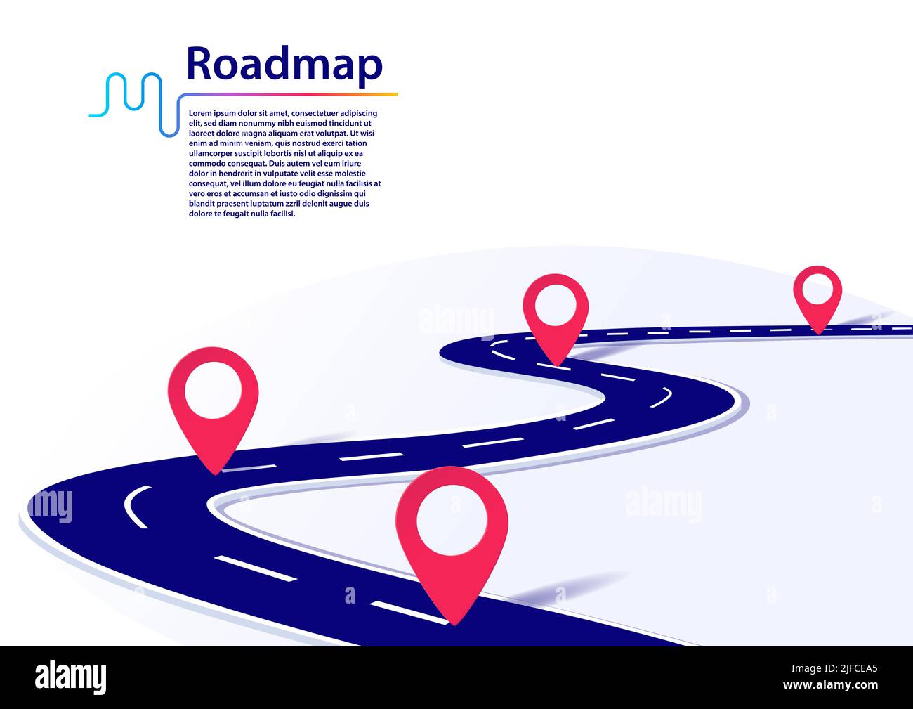 Infografik zur Roadmap mit Meilensteinen. Geschäftskonzept für Projektmanagement oder Business Journey. Vektordarstellung einer blauen, kurvenreichen Straße auf Weiß Stock Vektor