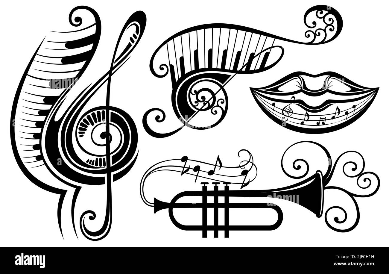 Schlüsselnoten und Noten mit floralen Elementen, Sammlung von Musikelementen Stock Vektor