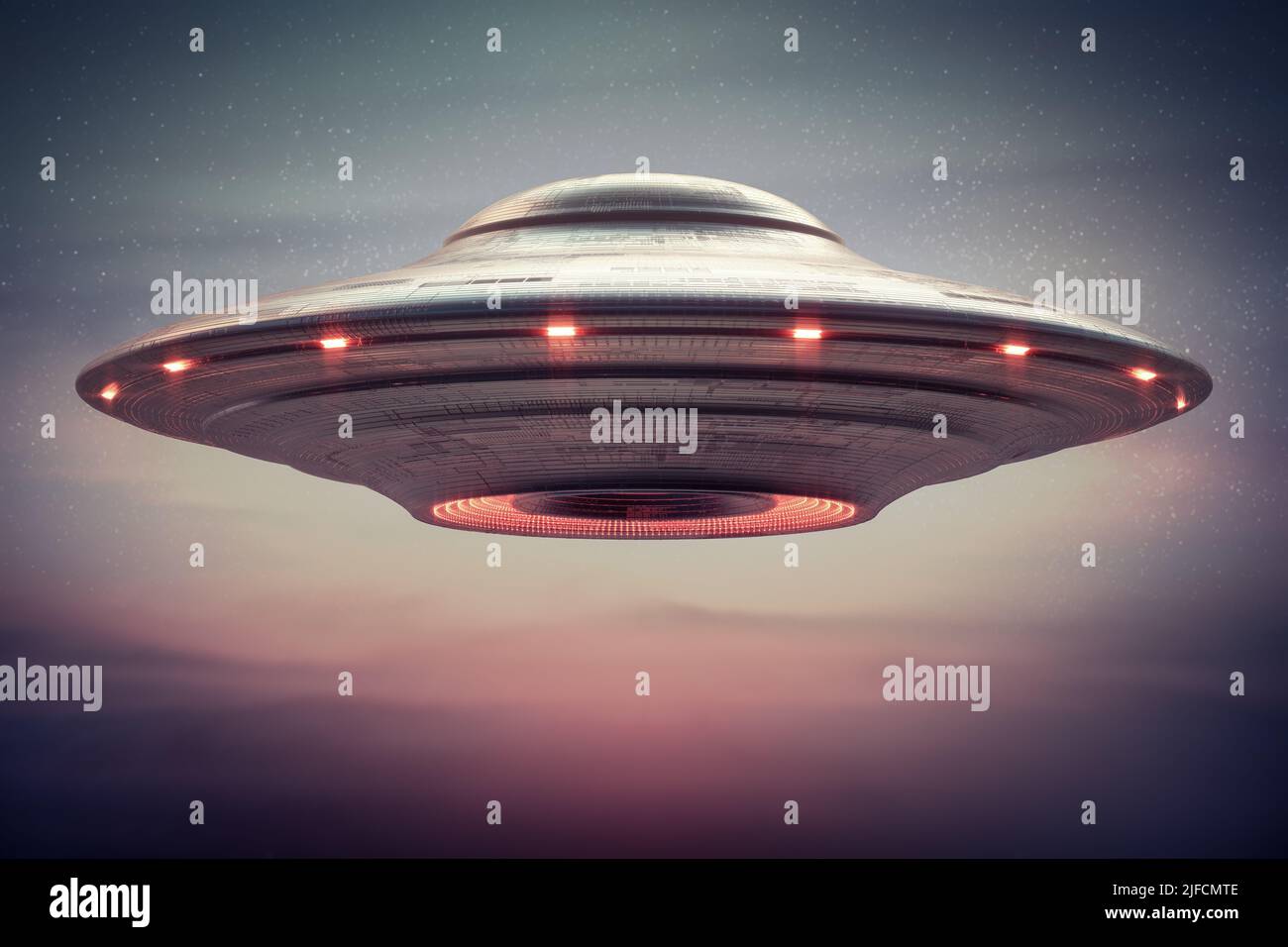 Nicht identifiziertes fliegendes Objekt - UFO. Science Fiction, 3D Illustration Konzept der Ufologie. Stockfoto