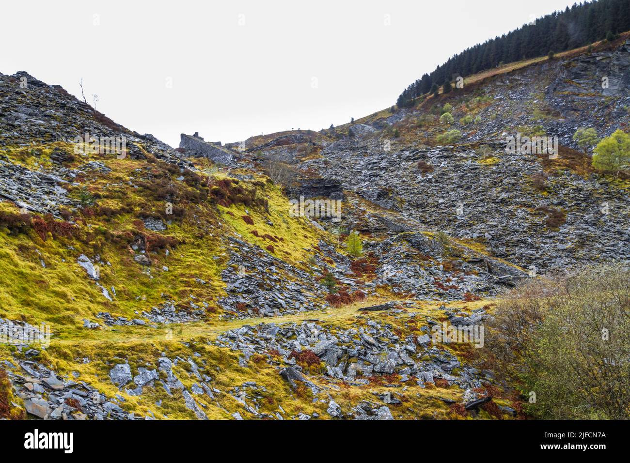 Penmachno Schiefer-Steinbruch mit Blick auf die Steigung. In Snowdonia, Nordwales, Großbritannien. Stockfoto