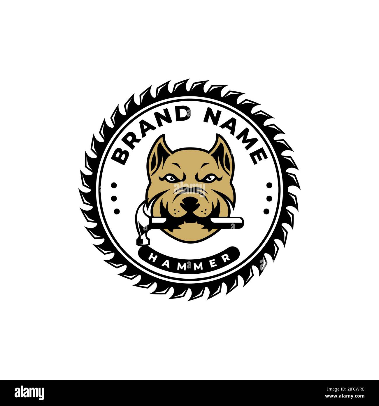 Hund beißen Hammer Tier Design Logo, Retro-Jahrgang, Zimmerei Logo. Design-Vorlage Bau Bau Wartung Auftragnehmer Stock Vektor