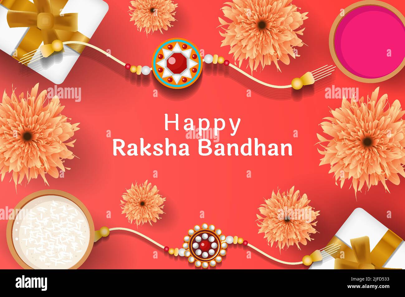 raksha bandhan indian Festival Illustration mit Rakhi, Reis, Geschenkbox und Blumen Stock Vektor