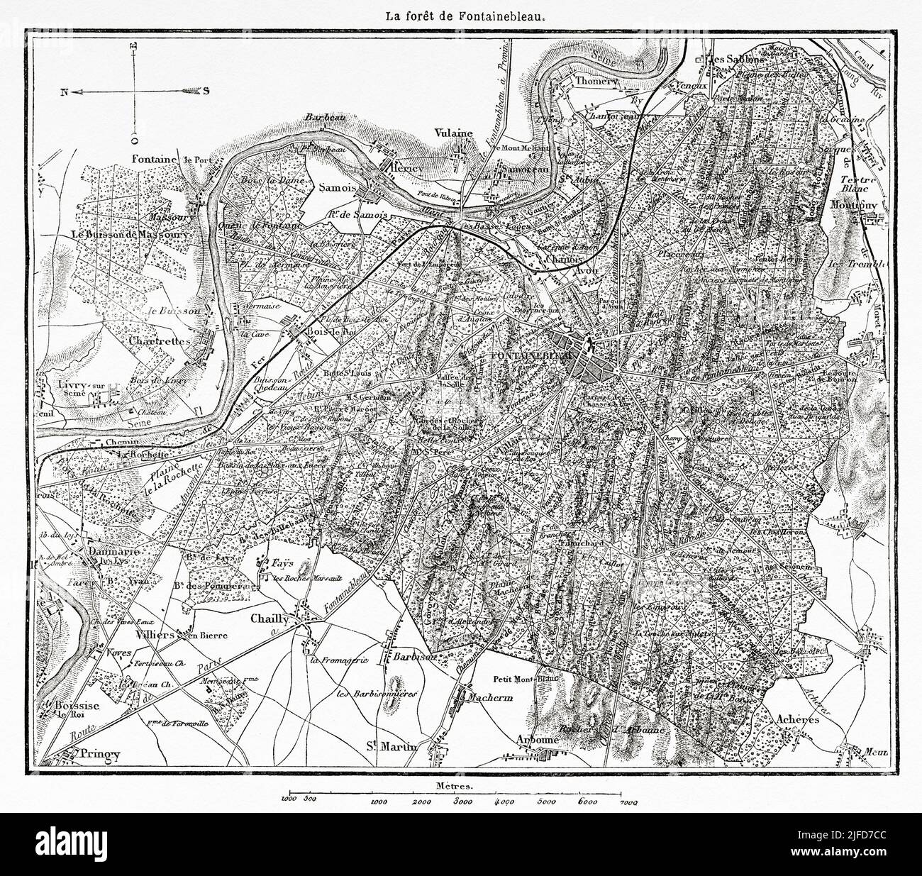 Alte Karte des Waldes von Fontainebleau. Seine-Et-Marne, Frankreich. Europa. Schloss und Wald von Fontainebleau von Du Pays aus Le Tour du Monde 1867 Stockfoto