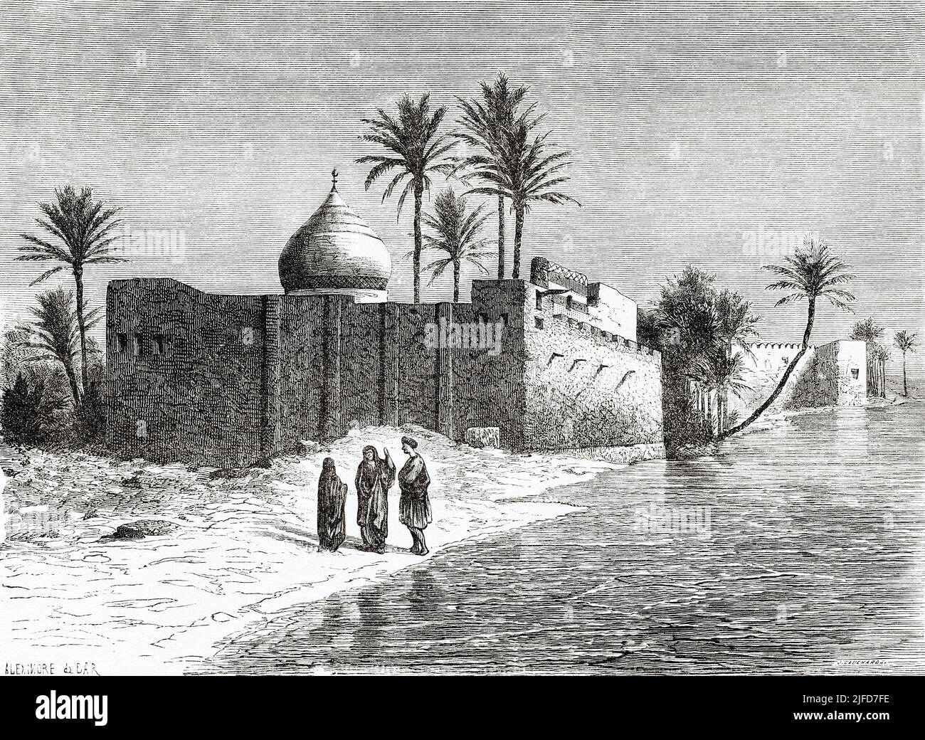 Ezras Grab oder das Grab von Ezra ist ein schiitischer muslimischer und jüdischer Schrein, der sich in Al-ʻUzair im Qal'at Saleh-Bezirk, im Maysan-Governorat im Irak, am westlichen Ufer des Tigris-Flusses, befindet. Im Volksmund wird angenommen, dass dies die Grabstätte der biblischen Figur Esra im Irak ist. Reise nach Babylon von Guillaume Lejean 1866 von Le Tour du Monde 1867 Stockfoto