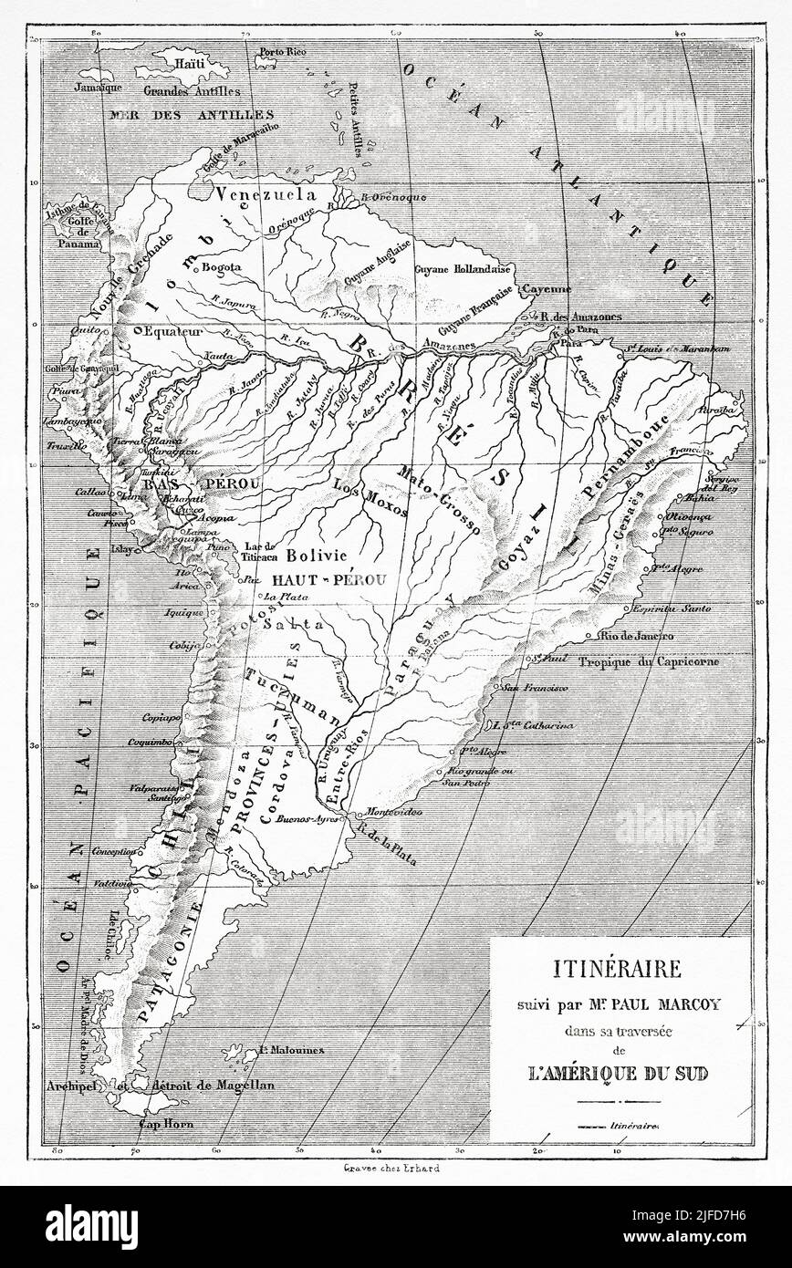 Karte von Paul Marcoys Reise durch Südamerika, Brasilien. Südamerika. Reise durch Südamerika, vom Pazifik zum Atlantik von Paul Marcoy 1848-1860 ab Le Tour du Monde 1867 Stockfoto