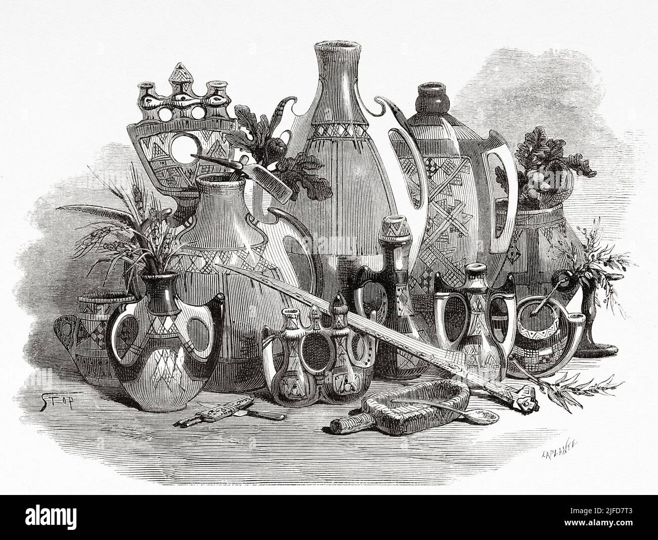 Töpfe und Utensilien aus der Kabylei. Nord-Algerien, Afrika. Ausflug in die große Kabylei von Commander Emile Duhousset 1864 von Le Tour du Monde 1867 Stockfoto