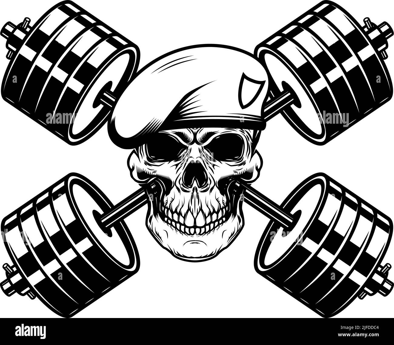 Totenkopf des Soldaten mit gekreuzten Langhanteln. Gestaltungselement für Logo, Etikett, Schild. Vektorgrafik Stock Vektor