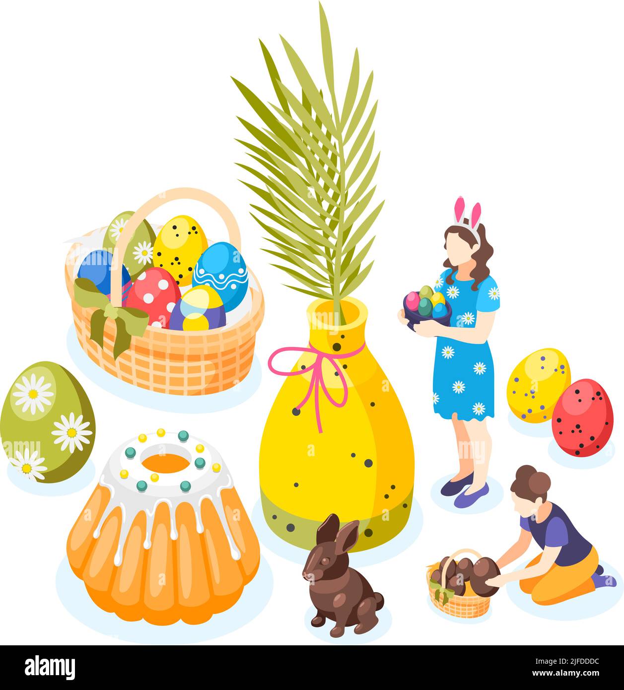 Ostern isometrische Hintergrundkomposition mit Bildern von süßen Kuchen Korb mit bemalten Eiern und Kinder Zeichen Vektor-Illustration Stock Vektor