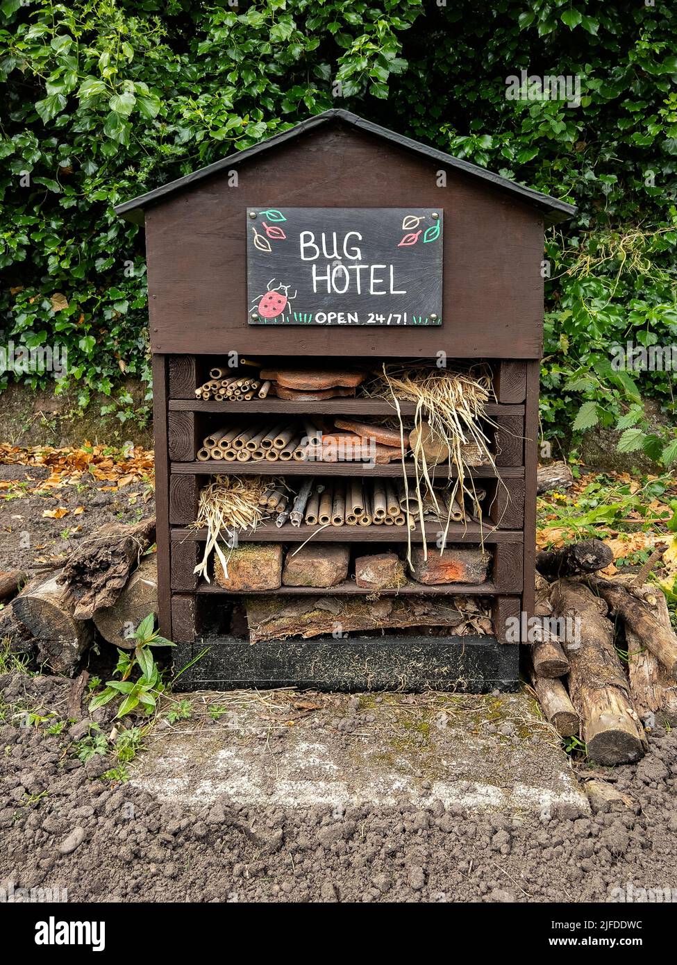 Bug Hotel - ein Insektenhotel, Bug Hotel oder Insektenhaus, ist eine von Menschen geschaffene Struktur, um Schutz für Insekten zu bieten. Sie können in einer Vielzahl von s kommen Stockfoto