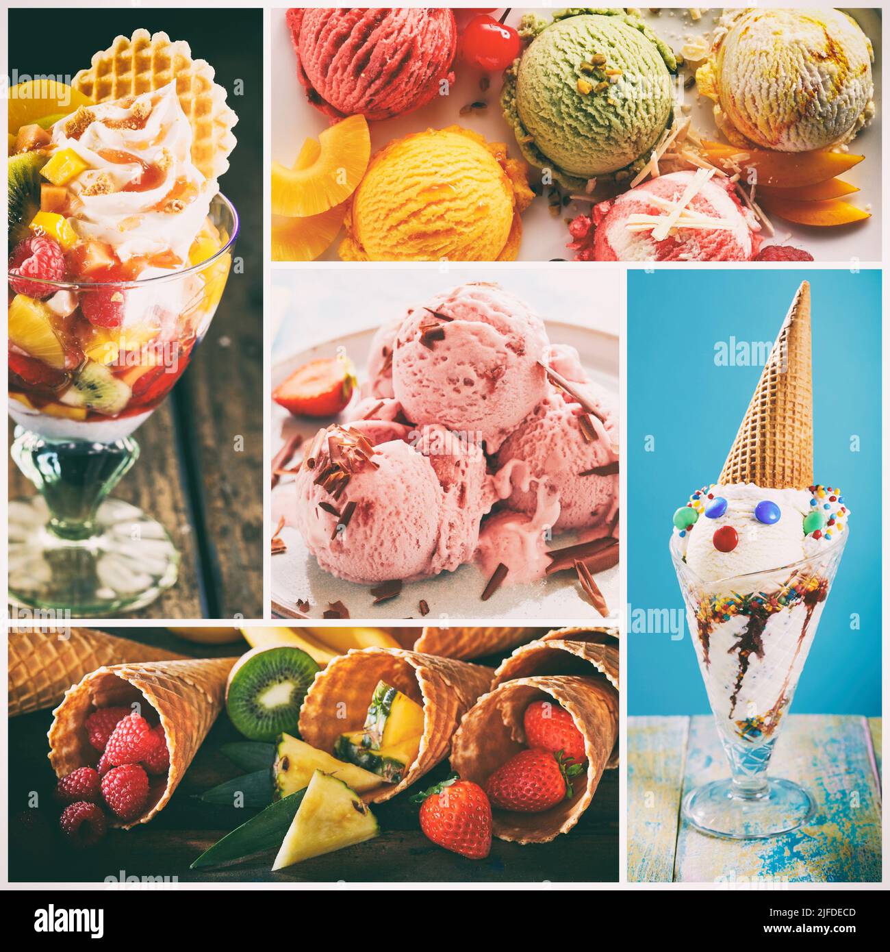 Collage aus köstlichen süßen Eisschaufeln mit verschiedenen Geschmacksrichtungen und Farben mit knusprigen Waffelkegeln, die mit reifen Beeren verziert sind Stockfoto
