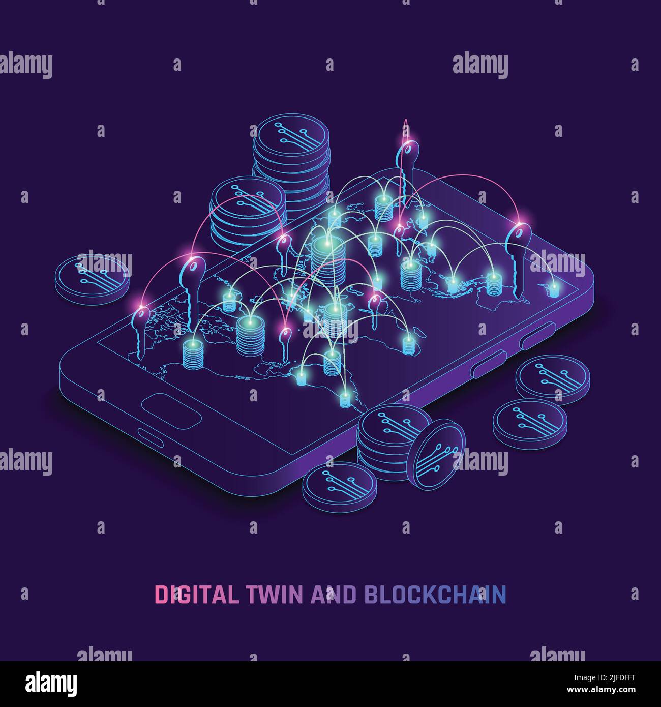 Blockchain nutzt die Verwendung von digitalen Zwillingen dynamische Technologie Identität verfolgt Transaktionen Tracking auf dem Smartphone-Bildschirm isometrische Vektor-Illustration Stock Vektor