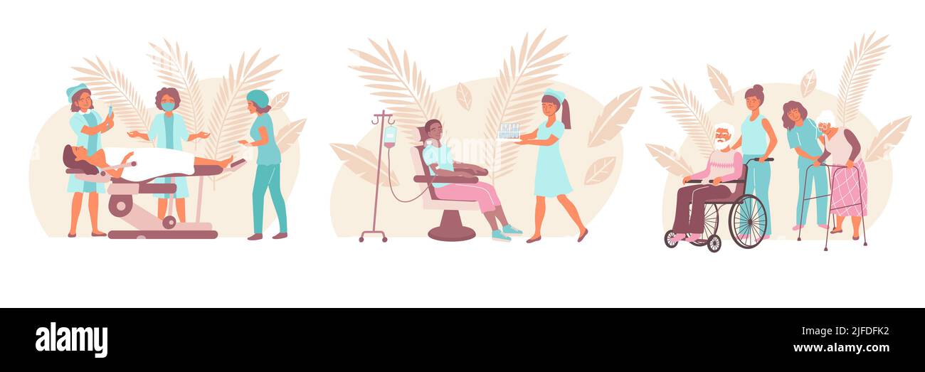 Flache Zusammensetzung der Krankenschwester mit Unterstützung bei der Rehabilitation, Unterstützung bei Operationen und Tests von Patienten Vektordarstellung Stock Vektor