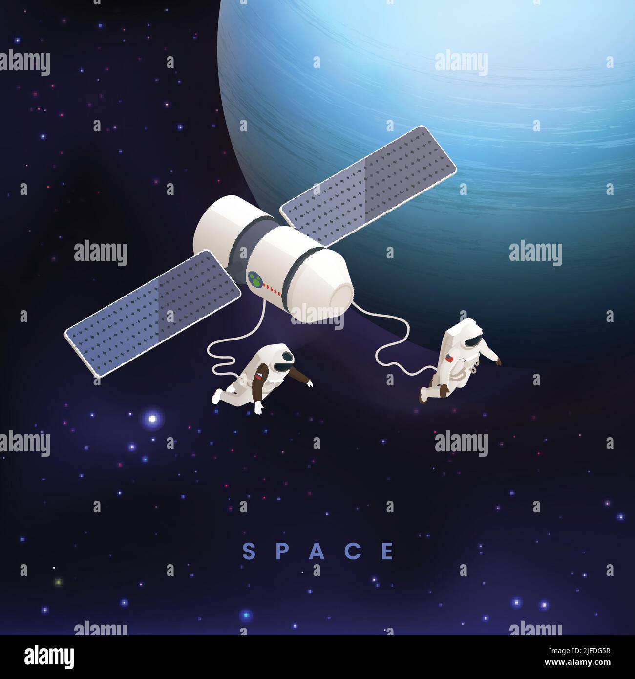 Astronaut Kosmonaut taikonaut isometrisches Farbkonzept mit zwei Astronauten, die im Weltraum fliegen Vektor-Illustration Stock Vektor