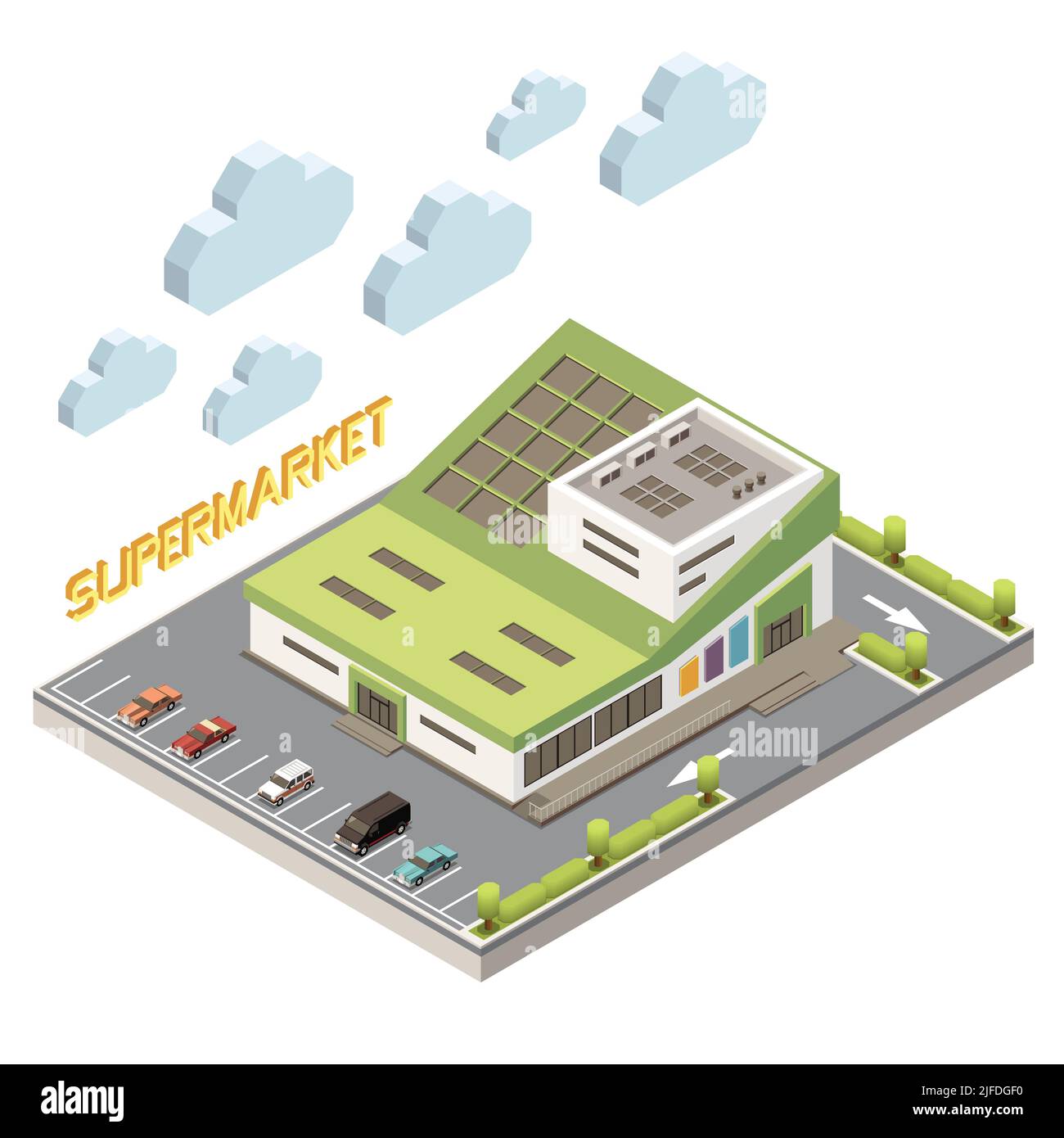 Einkaufszentrum Konzept mit Parkplatz und Einrichtungen Symbole isometrische Vektor-Illustration Stock Vektor
