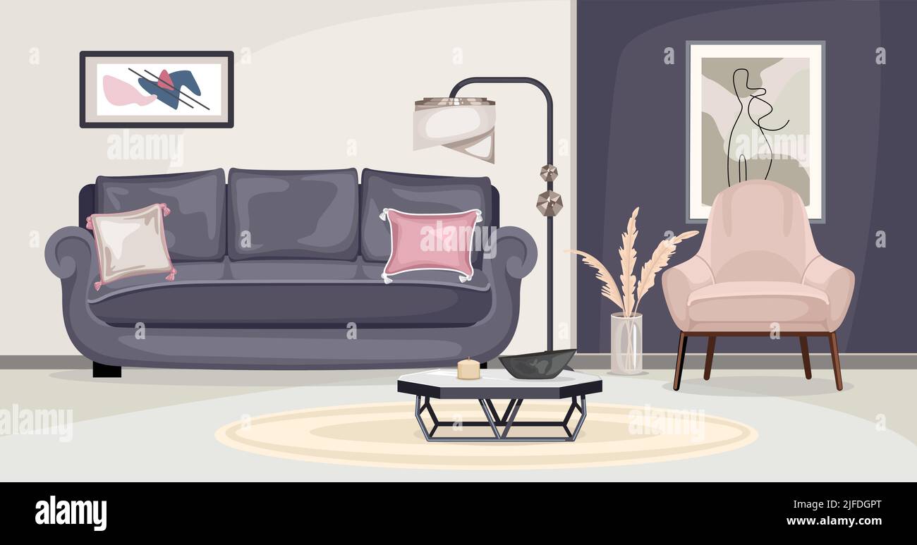 Möbel Innenausstattung mit Blick auf Wohnzimmer mit Sofa-Stuhl und Gemälde auf bunten Wänden Vektor-Illustration Stock Vektor